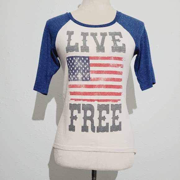 Hybrid Apparel Raglan 3/4 Sleeve T-shirt 100% Cotton LIVE FREE FLAG Women Size S - Picture 2 of 9